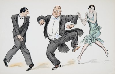 One gentleman in black tie, a further gentleman in white tie and tails, and a woman in a light green flapper dress and pearls dance the Charleston, from White Bottoms, pub. 1927 by Sem
